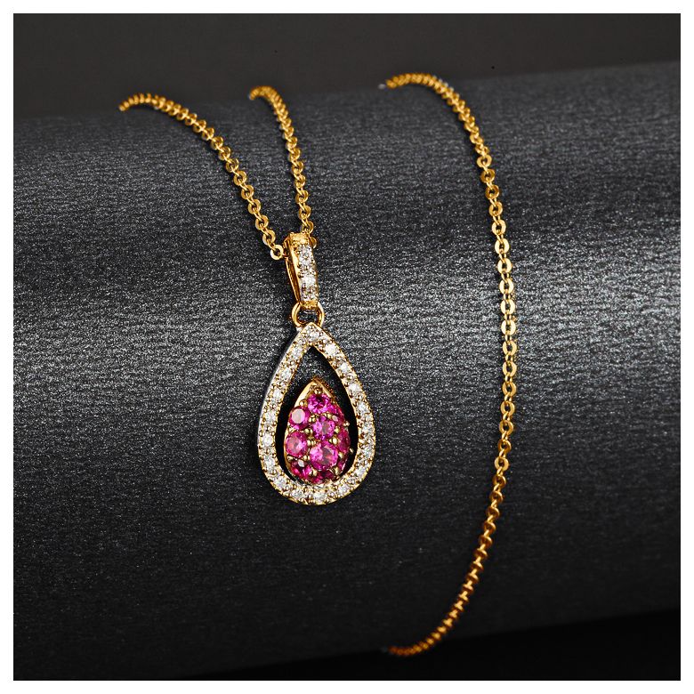 Pendentif pétale or jaune - 2 pétales superposées - Rubis et diamants en pendeloque - 7