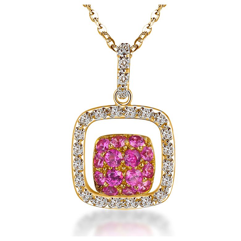 Pendentif carré - 2 carrés superposés - Rubis et diamants en pendeloque or jaune - 1