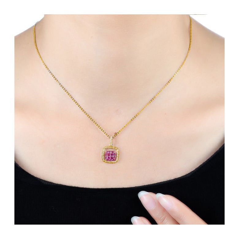 Pendentif carré - 2 carrés superposés - Rubis et diamants en pendeloque or jaune - 2