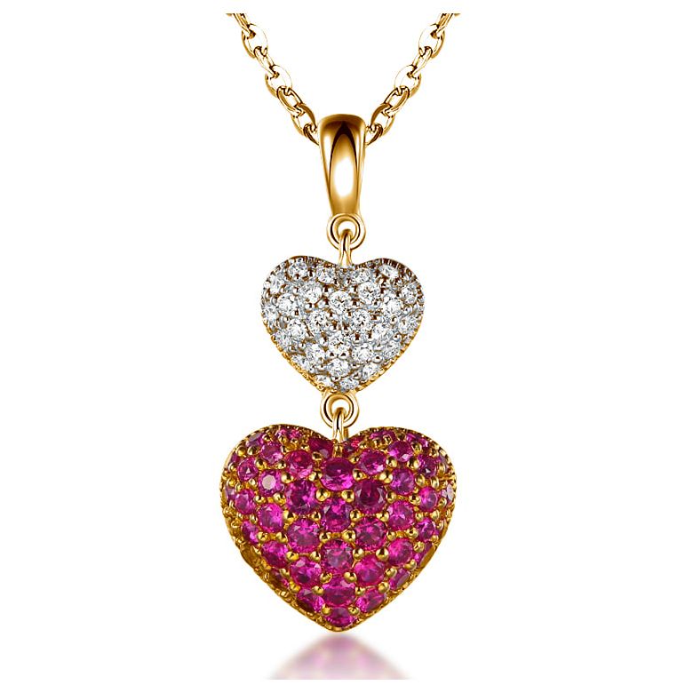 Pendentif double coeur rubis et diamants sertis grains - Or jaune - 1
