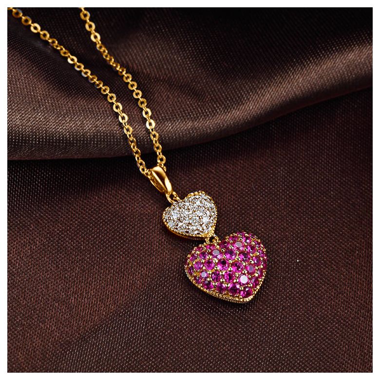 Pendentif double coeur rubis et diamants sertis grains - Or jaune - 3