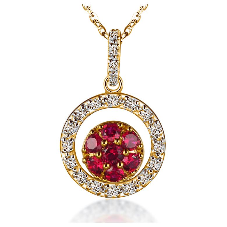 Pendentif rond en or jaune - Rubis et diamants en pendeloque double - 1