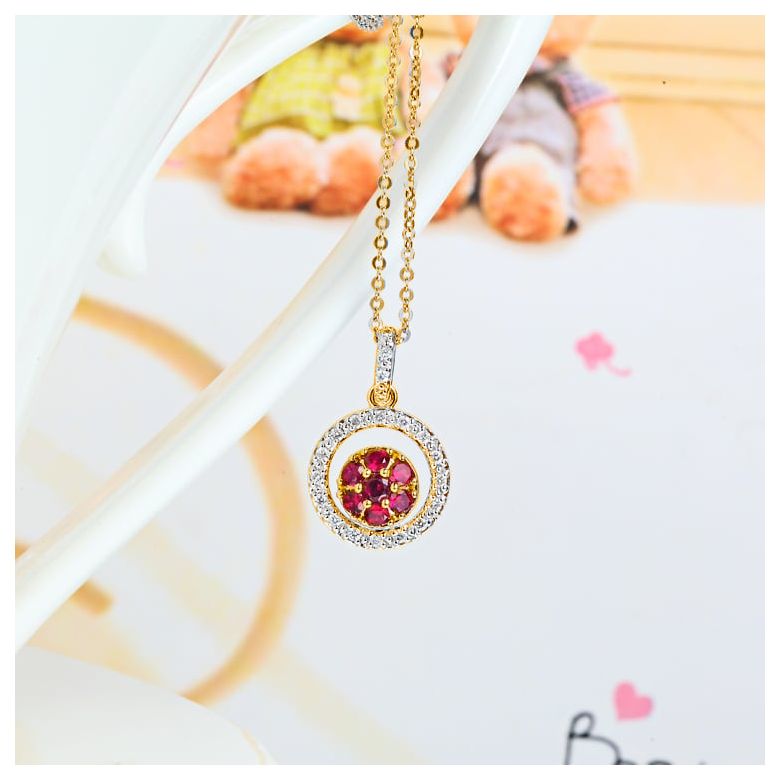 Pendentif rond en or jaune - Rubis et diamants en pendeloque double - 3