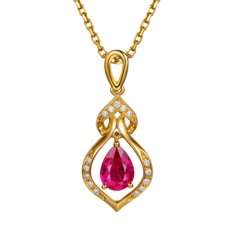 Pendentif rubis 0,70 carat forme poire - Or jaune 18cts, diamants  - 1