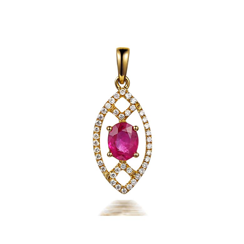 Pendentif ovalesque rubis or jaune. Sertissage diamants  - 1