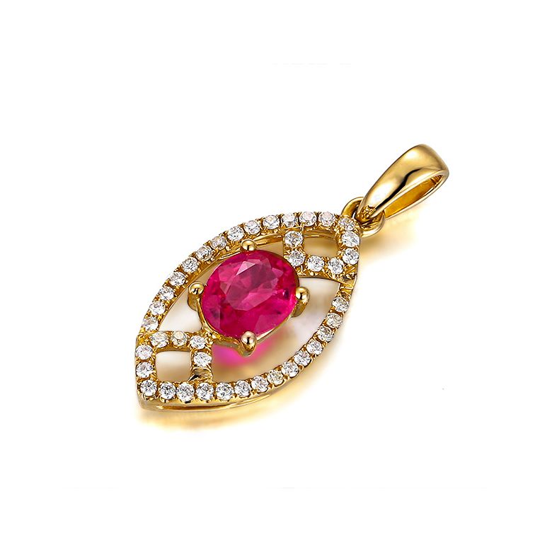Pendentif ovalesque rubis or jaune. Sertissage diamants  - 2
