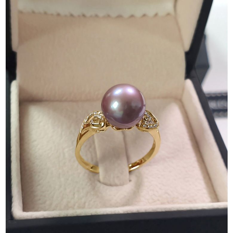 Bague coeur de perle diamanté - Or jaune et Perle d'eau douce Lavande - 7