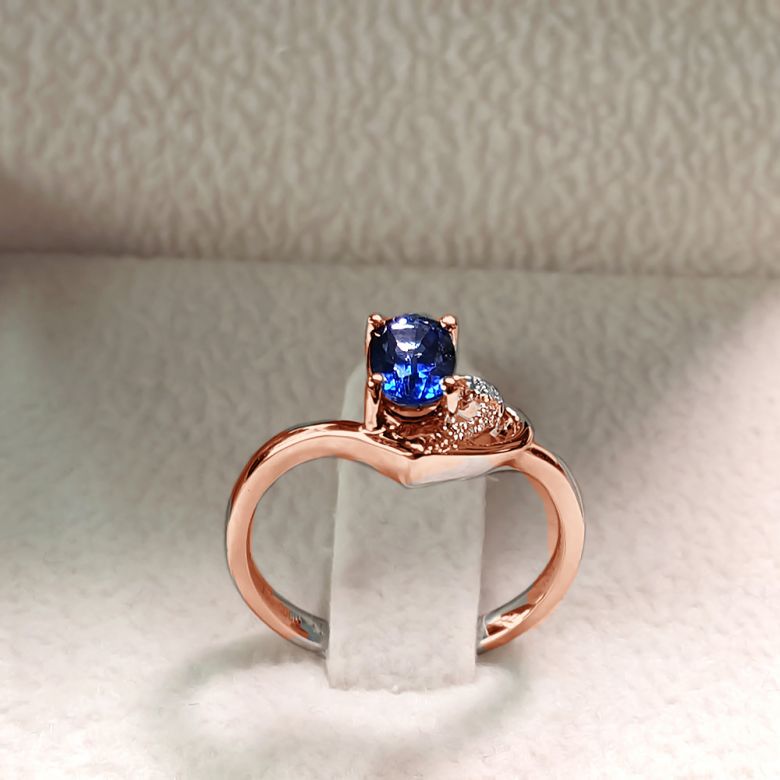 Bague Solitaire - Saphir et Diamants - Or rose 18 carats - 7
