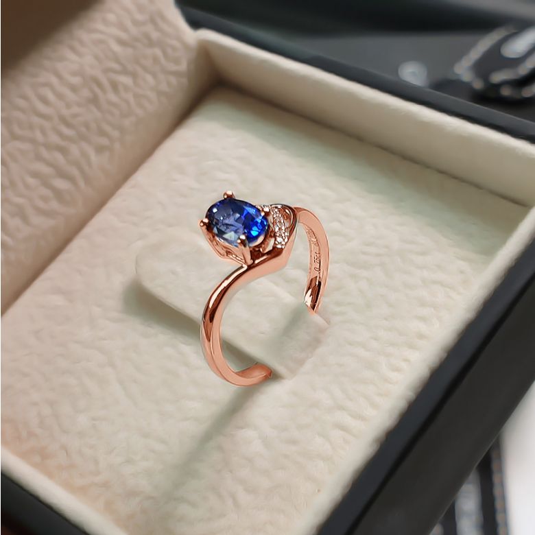 Bague Solitaire - Saphir et Diamants - Or rose 18 carats - 8