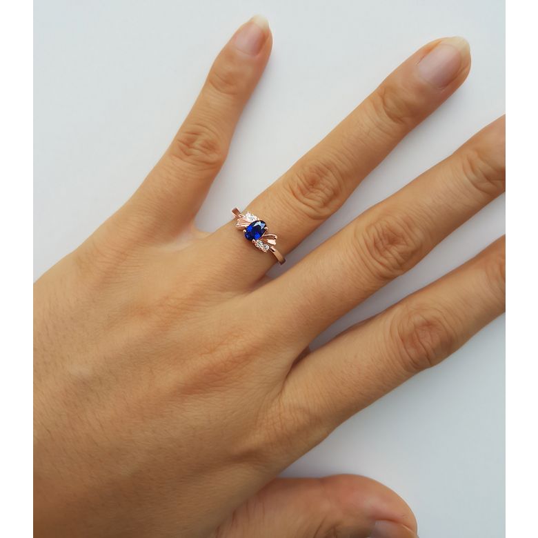 Bague saphir solitaire - Or rose 18 carats - Sertissage diamants - 4