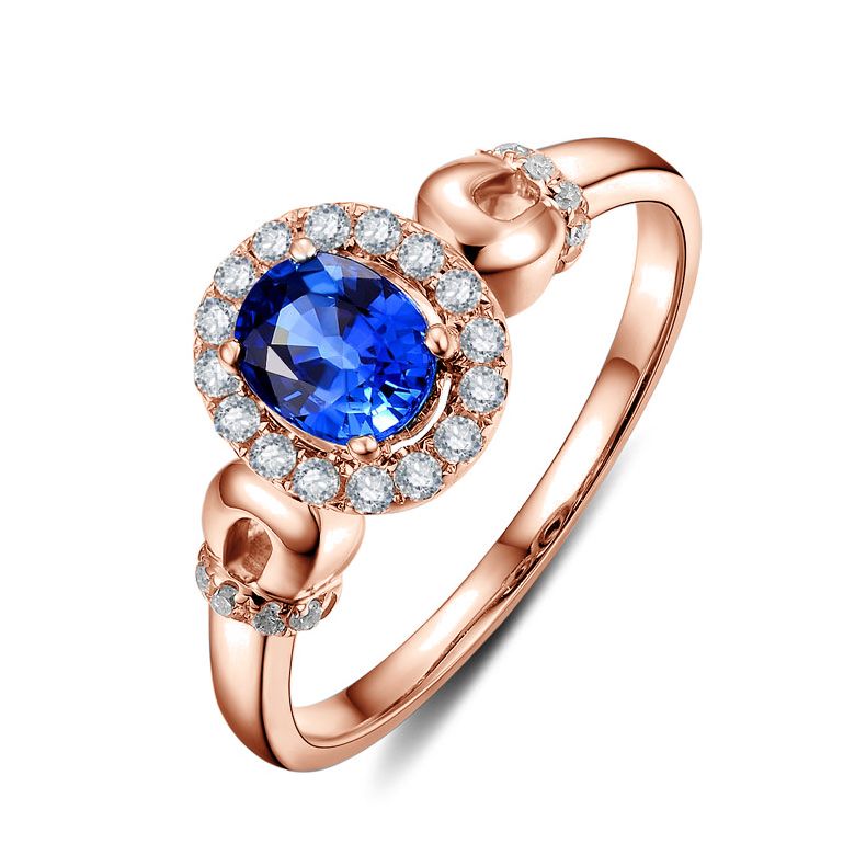 Solitaire en Saphir et Diamants - Bague en Or rose 18 carats - 1