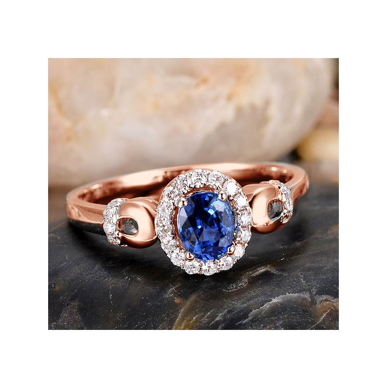 Solitaire en Saphir et Diamants - Bague en Or rose 18 carats - 3