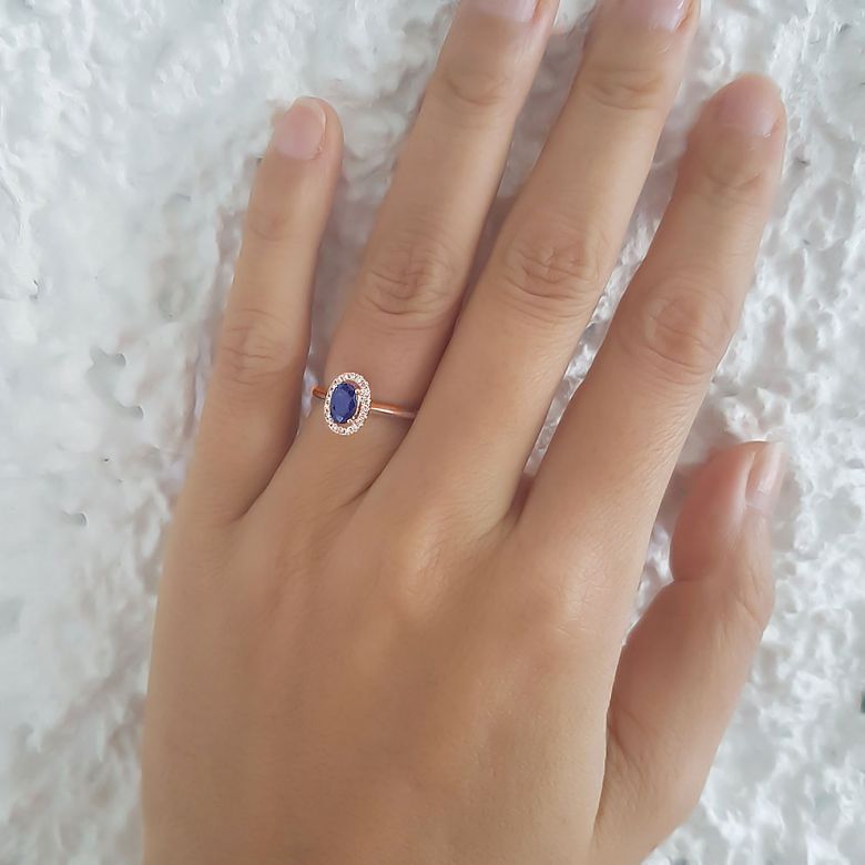 Bague or rose saphir. Pavage diamants. Persée - 10