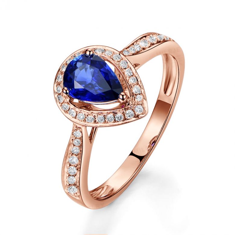 Bague de fiancailles saphir forme poire. Or rose, diamants - 1