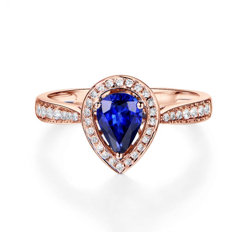 Bague de fiancailles saphir forme poire. Or rose, diamants - 4