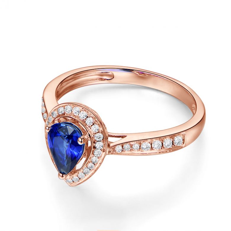 Bague de fiancailles saphir forme poire. Or rose, diamants - 5