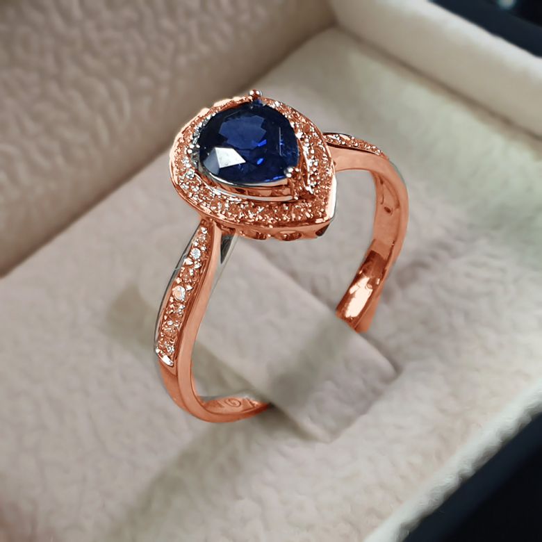 Bague de fiancailles saphir forme poire. Or rose, diamants - 6