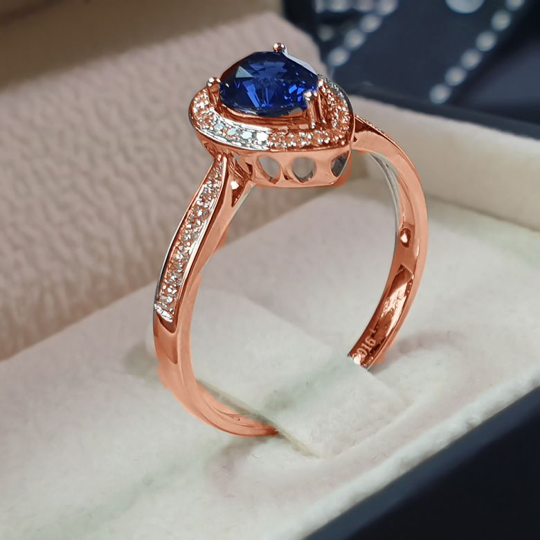 Bague de fiancailles saphir forme poire. Or rose, diamants - 7