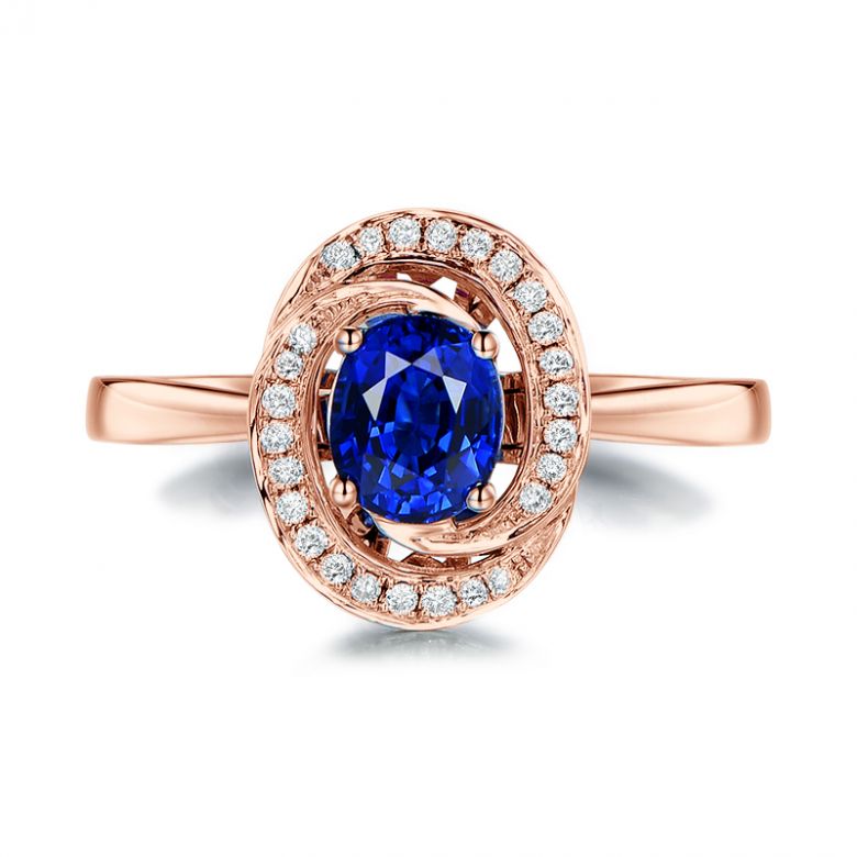Bague saphir bleu. Or rose, diamants myriade - 1