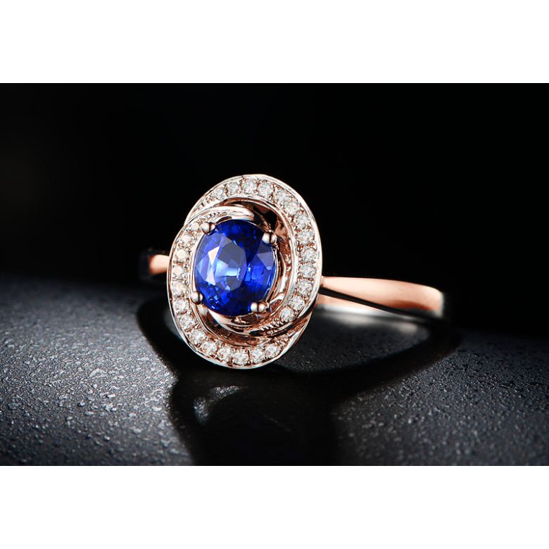 Bague saphir bleu. Or rose, diamants myriade - 4