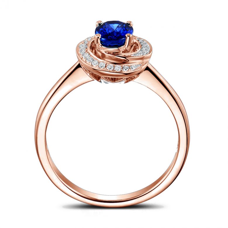 Bague saphir bleu. Or rose, diamants myriade - 6