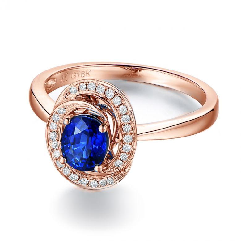 Bague saphir bleu. Or rose, diamants myriade - 8