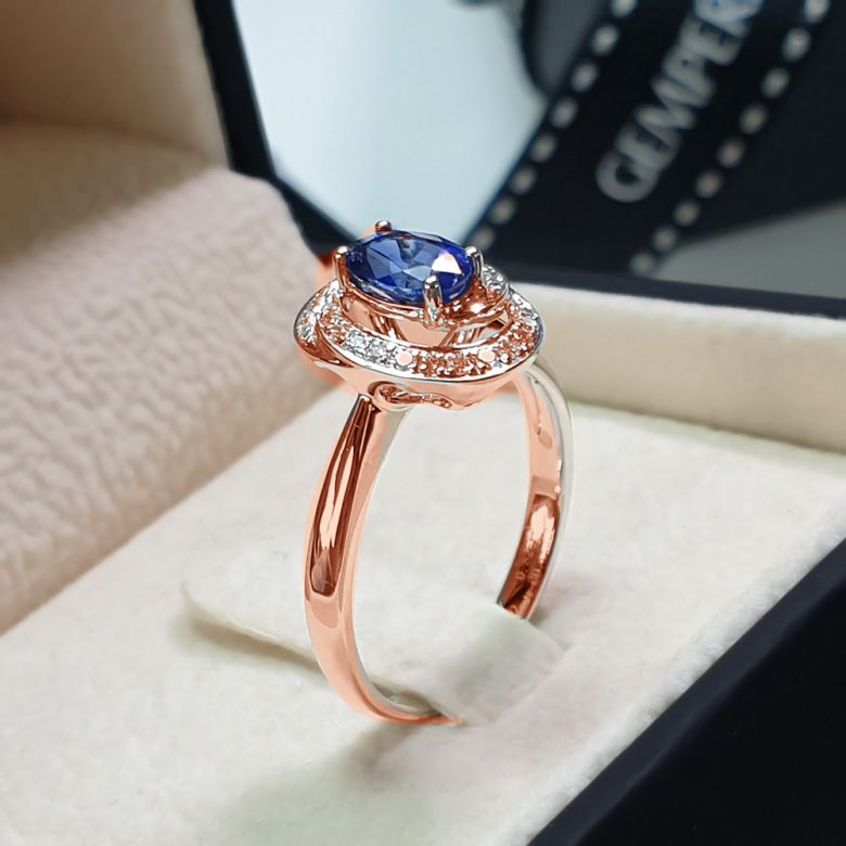 Bague saphir bleu. Or rose, diamants myriade - 9