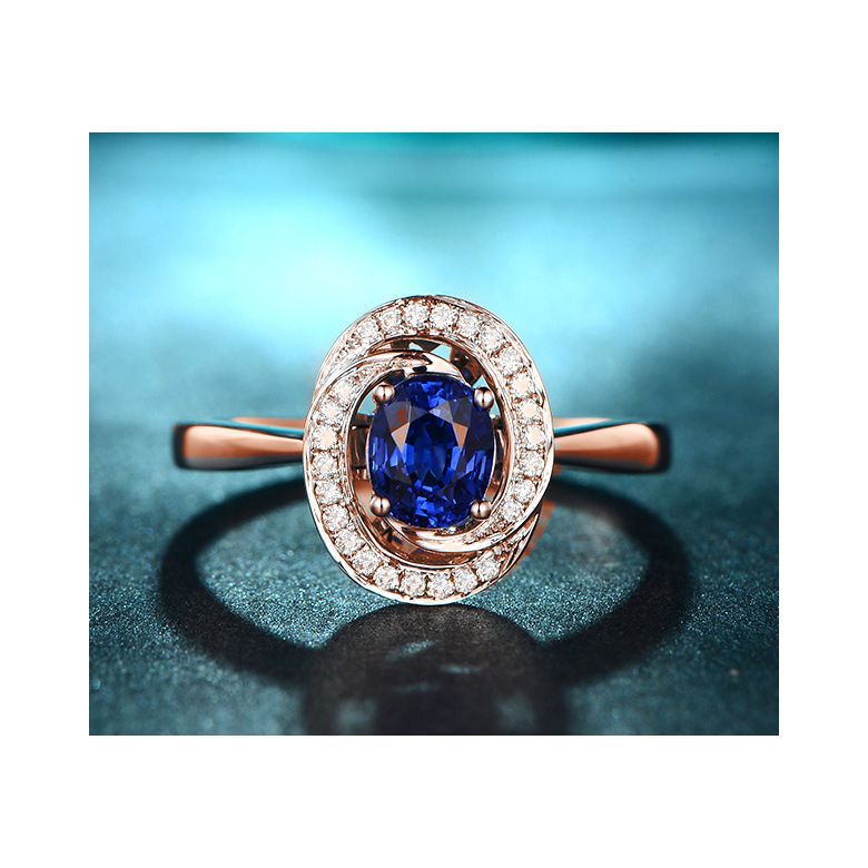 Bague saphir bleu. Or rose, diamants myriade - 10