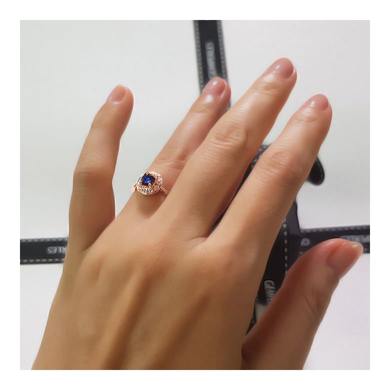 Bague fiançailles solitaire. Saphir bleu Or rose et diamants - 7