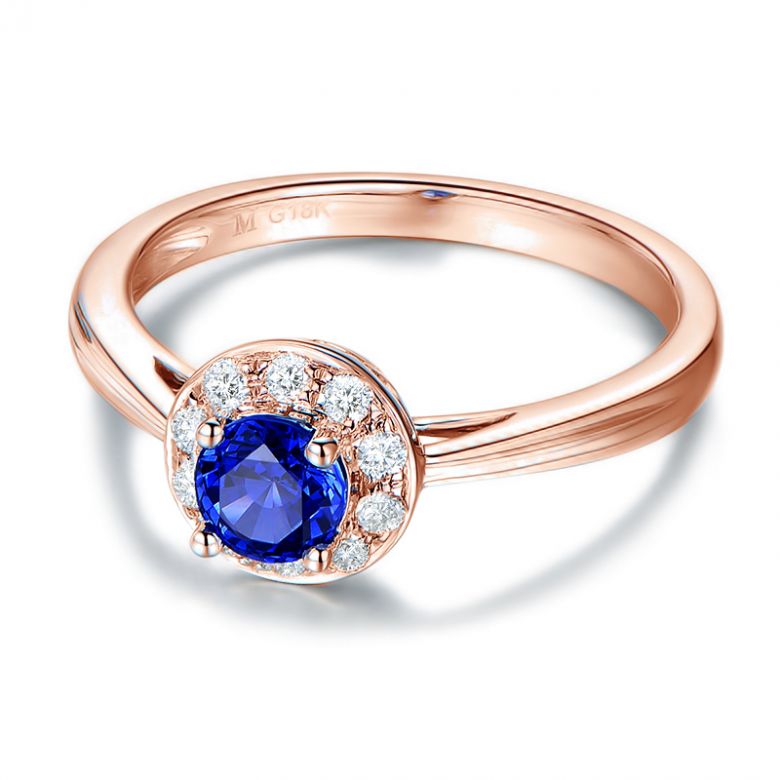 Bague fiançailles solitaire. Saphir bleu Or rose et diamants - 2