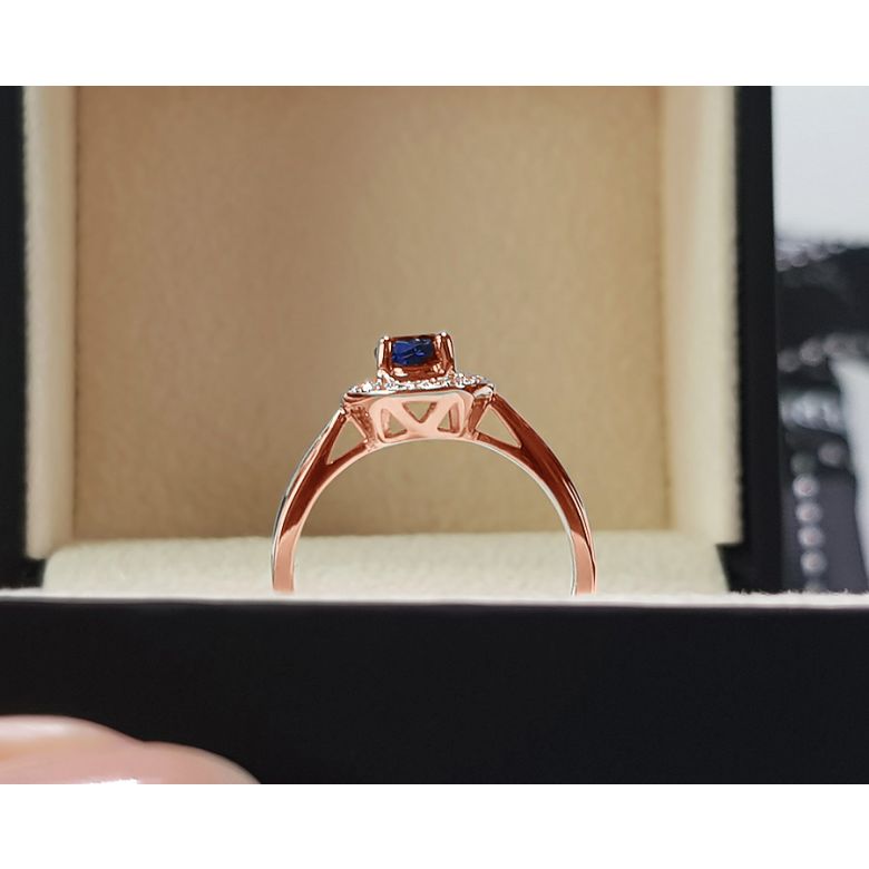 Bague fiançailles solitaire. Saphir bleu Or rose et diamants - 8