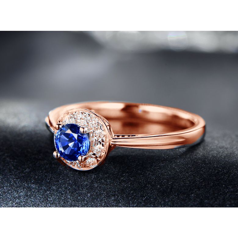 Bague fiançailles solitaire. Saphir bleu Or rose et diamants - 4