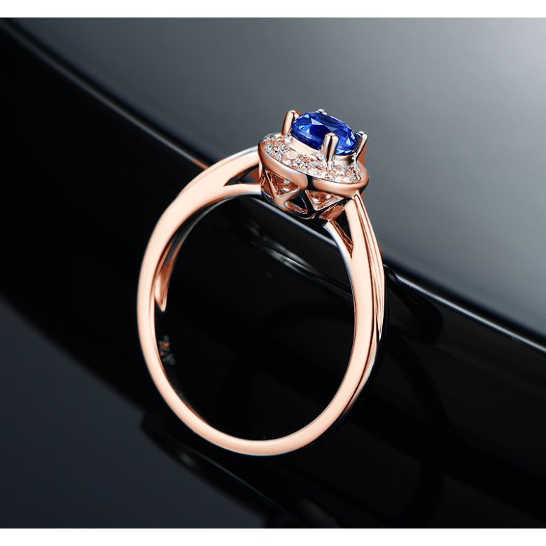 Bague fiançailles solitaire. Saphir bleu Or rose et diamants - 5