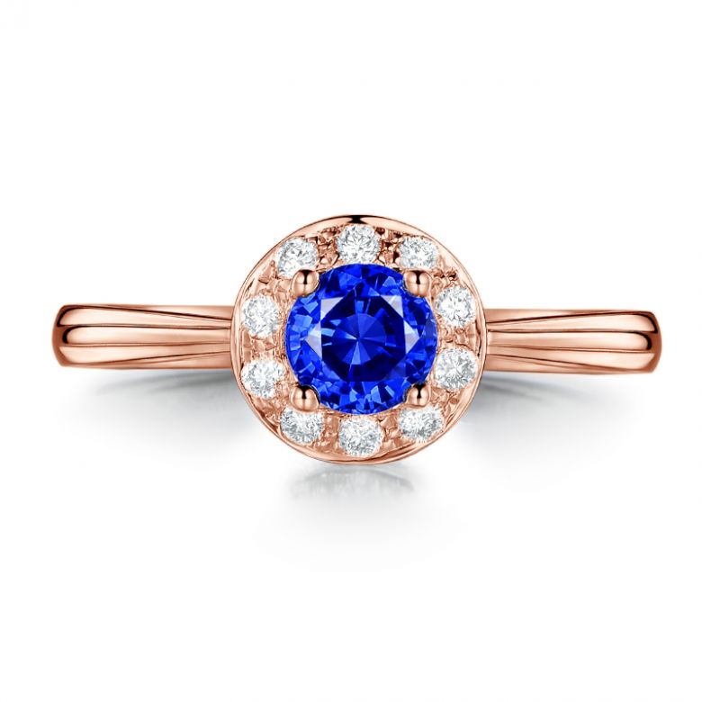 Bague fiançailles solitaire. Saphir bleu Or rose et diamants - 6