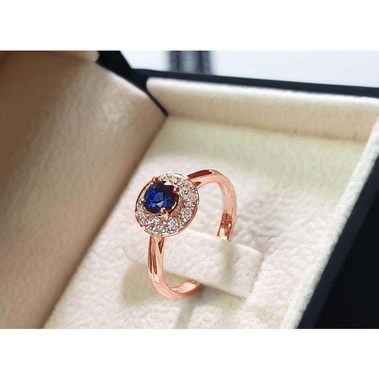 Bague fiançailles solitaire. Saphir bleu Or rose et diamants - 9
