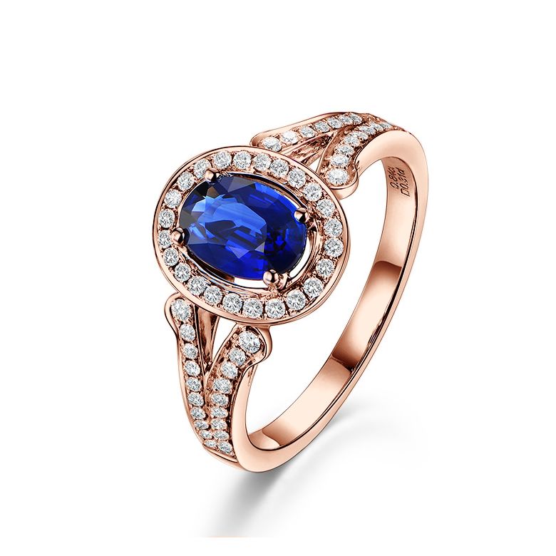 Bague fiançaille saphir ovale 1 carat. Or rose. Pavage diamants - 1