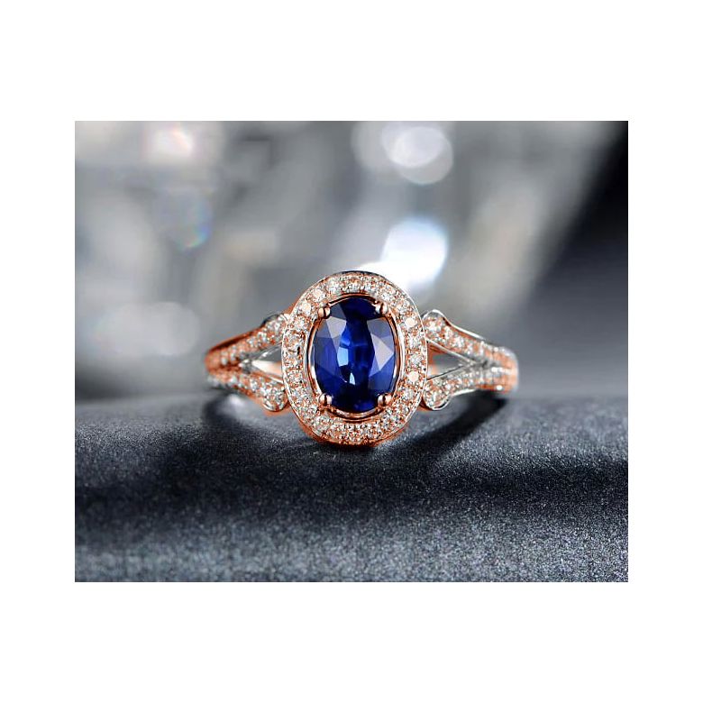 Bague fiançaille saphir ovale 1 carat. Or rose. Pavage diamants - 2