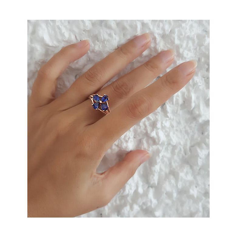 Bague solitaire saphirs fleur et Or rose. Linéaire diamants - 4
