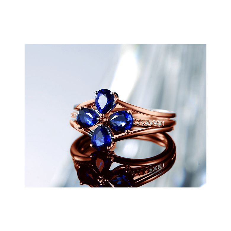 Bague solitaire saphirs fleur et Or rose. Linéaire diamants - 5