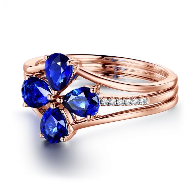 Bague solitaire saphirs fleur et Or rose. Linéaire diamants - 8