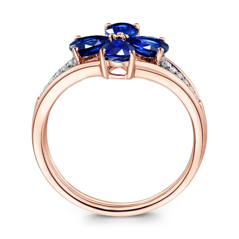 Bague solitaire saphirs fleur et Or rose. Linéaire diamants - 10