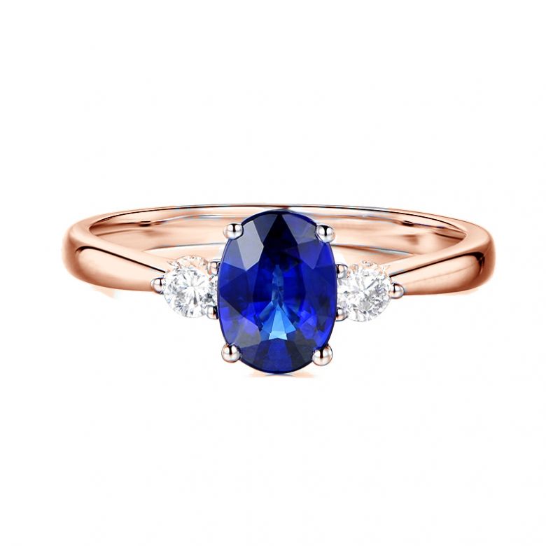 Solitaire trilogie saphir bleu 1 carat avec 2 diamants. Or rose - 5