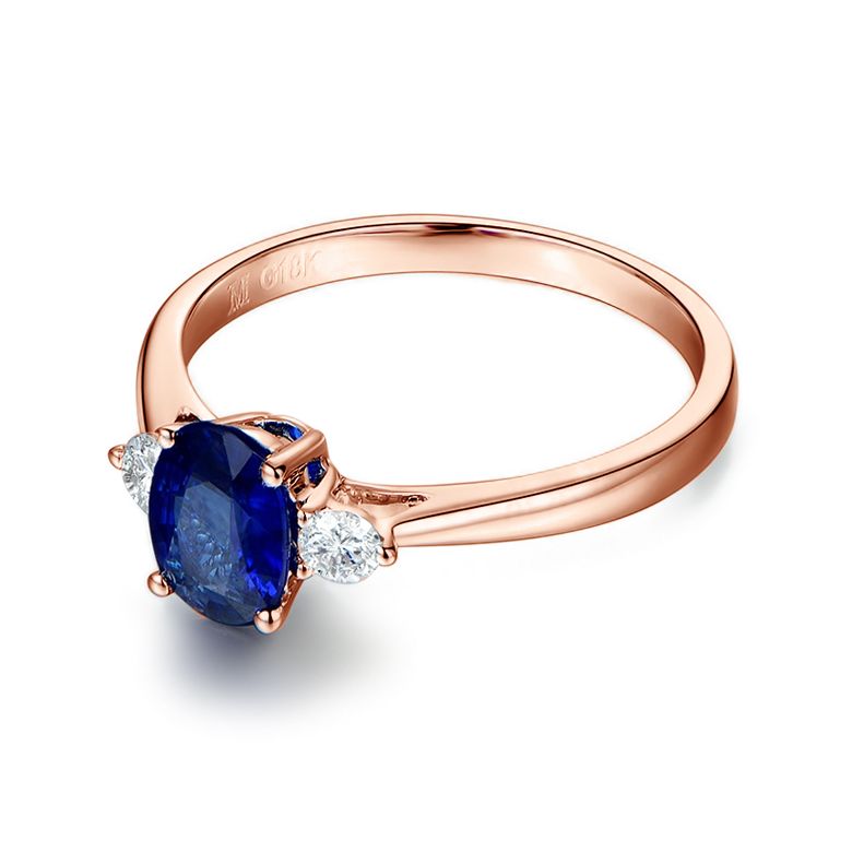 Solitaire trilogie saphir bleu 1 carat avec 2 diamants. Or rose - 6