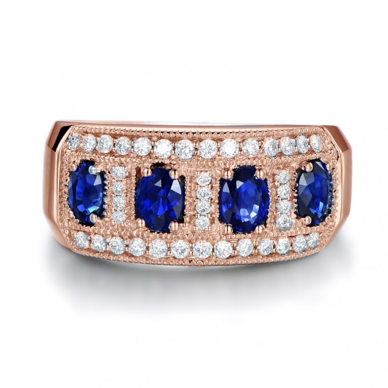 Bague quatuor saphirs. Pavage diamant. Or rose | Bhagya - 4