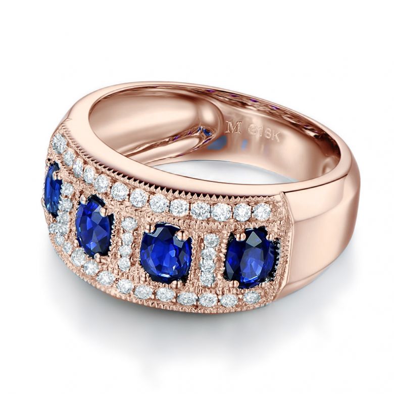 Bague quatuor saphirs. Pavage diamant. Or rose | Bhagya - 5