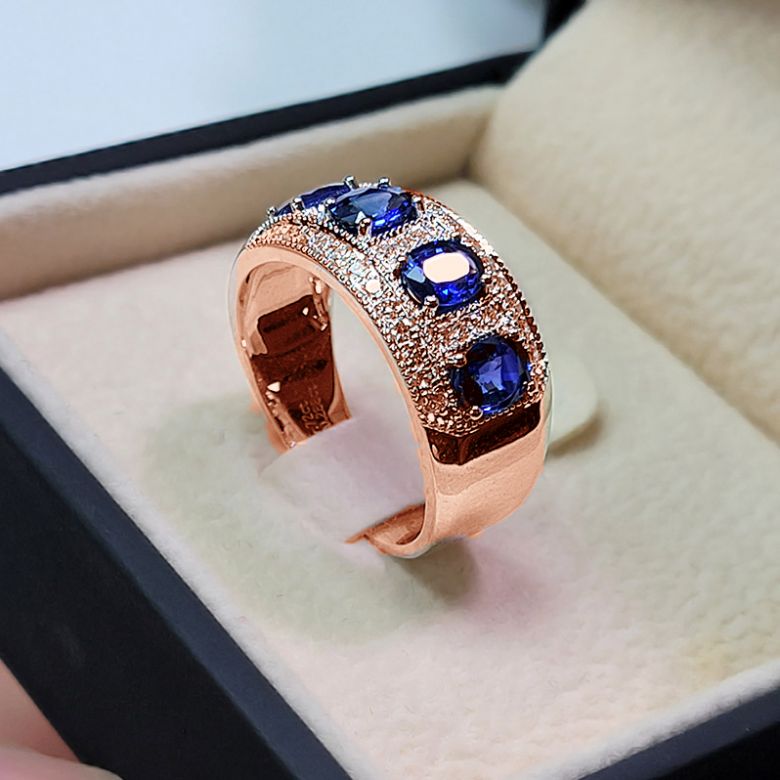 Bague quatuor saphirs. Pavage diamant. Or rose | Bhagya - 8
