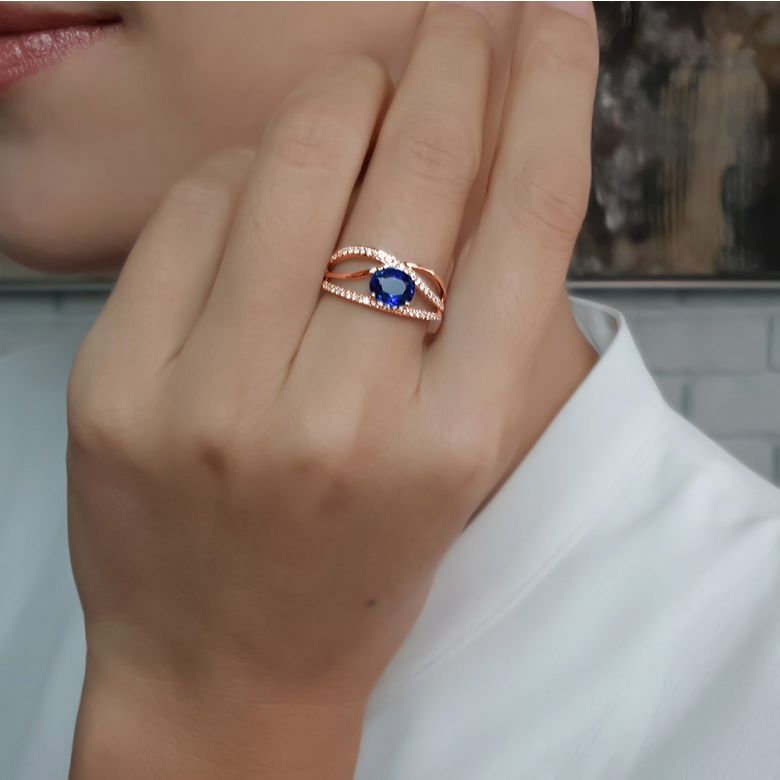 Bague saphir Sri Lanka 1 carat. Or rose. Entrelacée - 9
