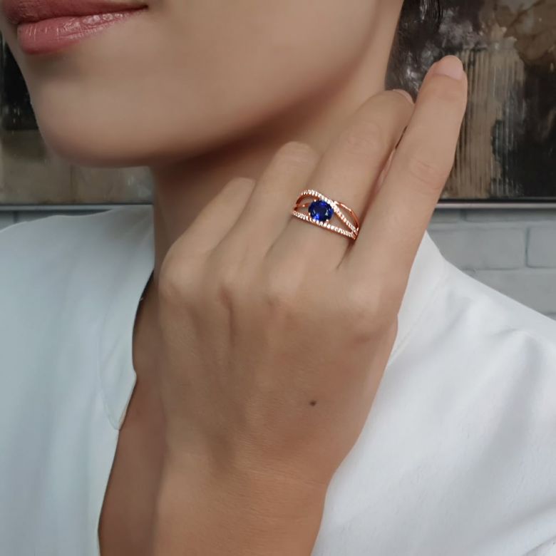 Bague saphir Sri Lanka 1 carat. Or rose. Entrelacée - 8