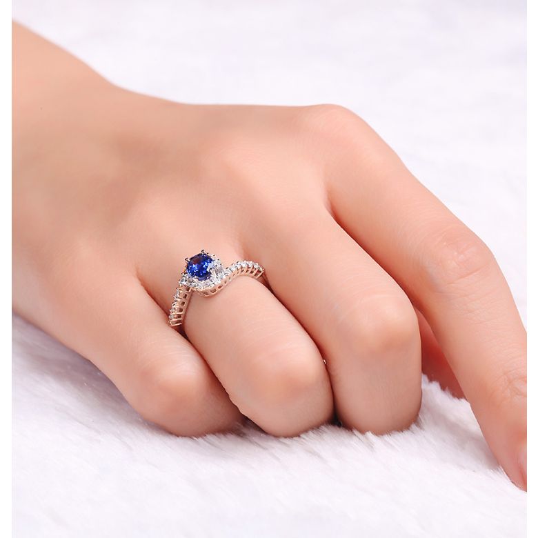 Bague saphir or rose pavage diamant sinueux - 2