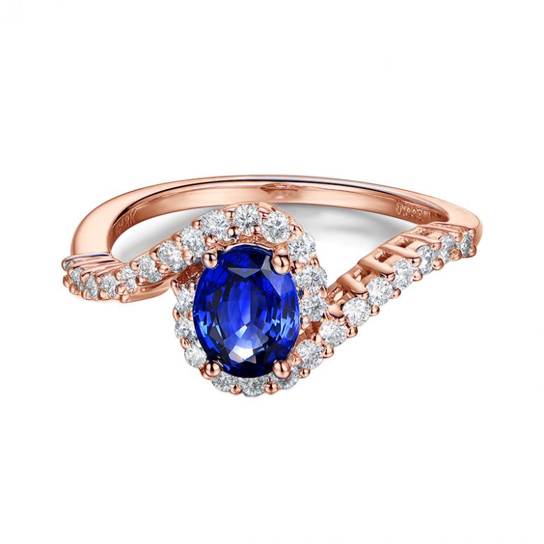 Bague saphir or rose pavage diamant sinueux - 4